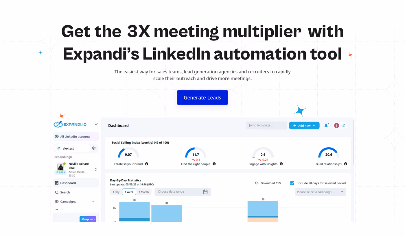 Expandi homepage showing its LinkedIn automation tool and dashboard