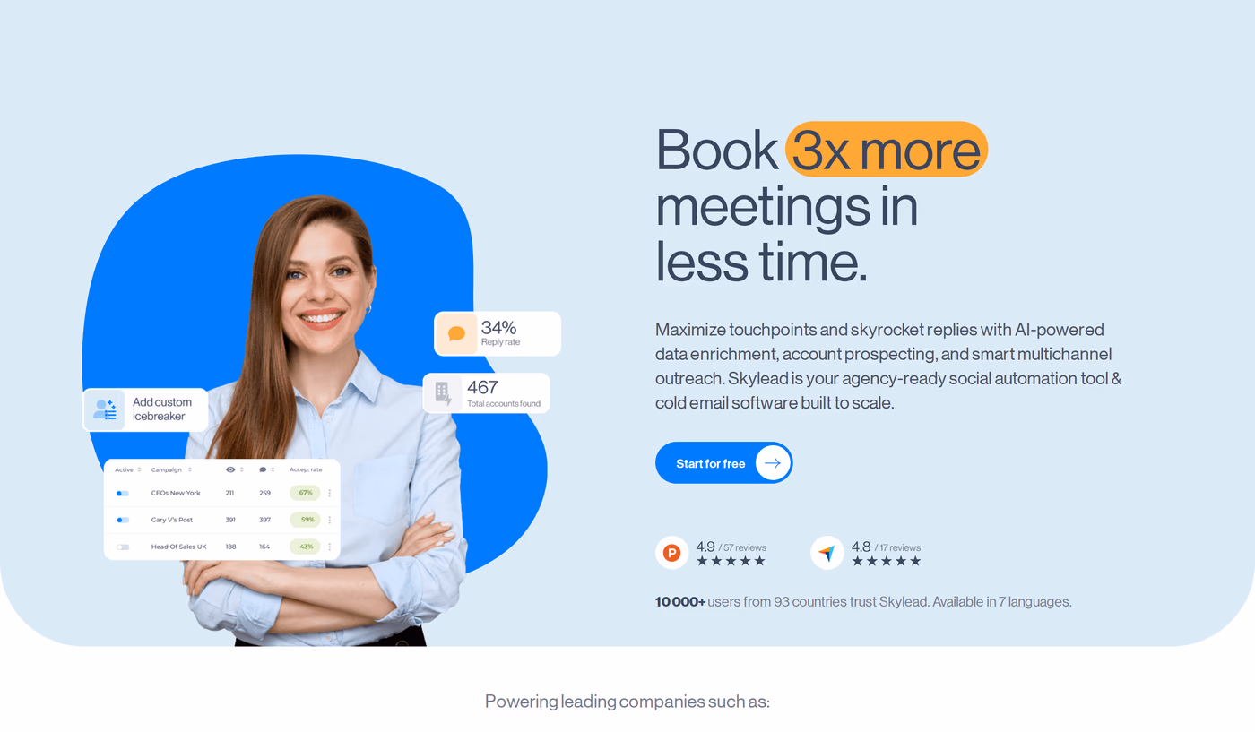 Skylead homepage showing its LinkedIn automation and cold email platform