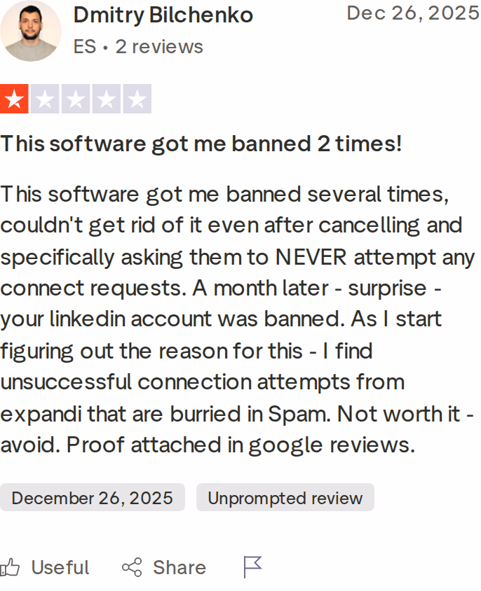 A 1-star Expandi Trustpilot review titled This software got me banned 2 times