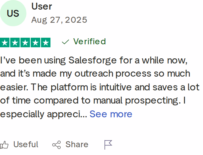 A 5-star Salesforge Trustpilot review about an easier outreach process