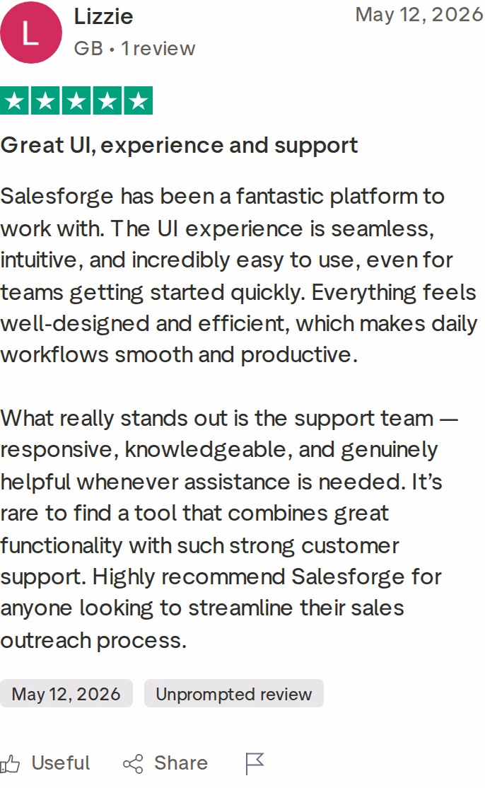 A 5-star Salesforge Trustpilot review titled Great UI, experience and support