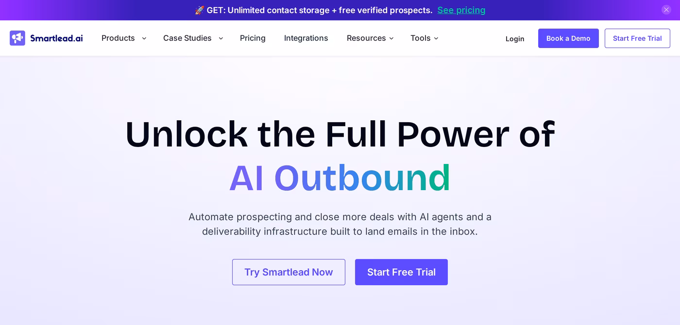 Smartlead homepage with the headline about the full power of AI outbound and an email deliverability message