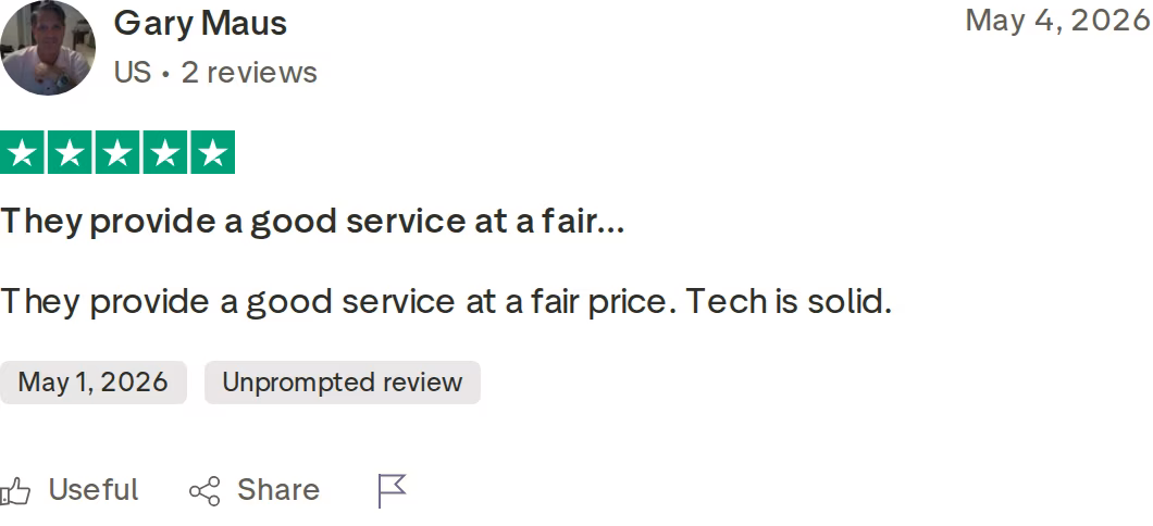 Five-star Salesforge Trustpilot review by Gary Maus from May 2026 saying they provide a good service at a fair price and the tech is solid