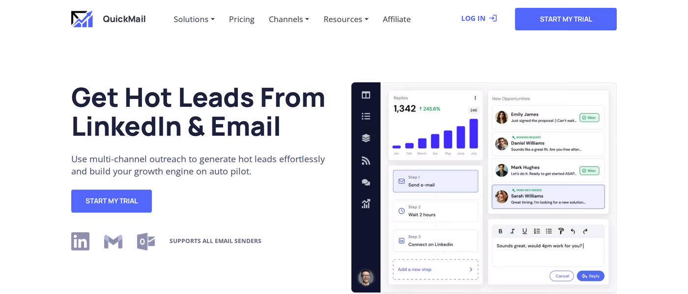 Quickmail homepage showing Get Hot Leads From LinkedIn and Email with a multi-channel sequence builder