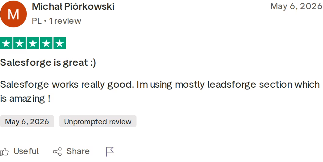 Five-star Salesforge Trustpilot review by Michal Piorkowski from May 2026 praising the platform and the Leadsforge section