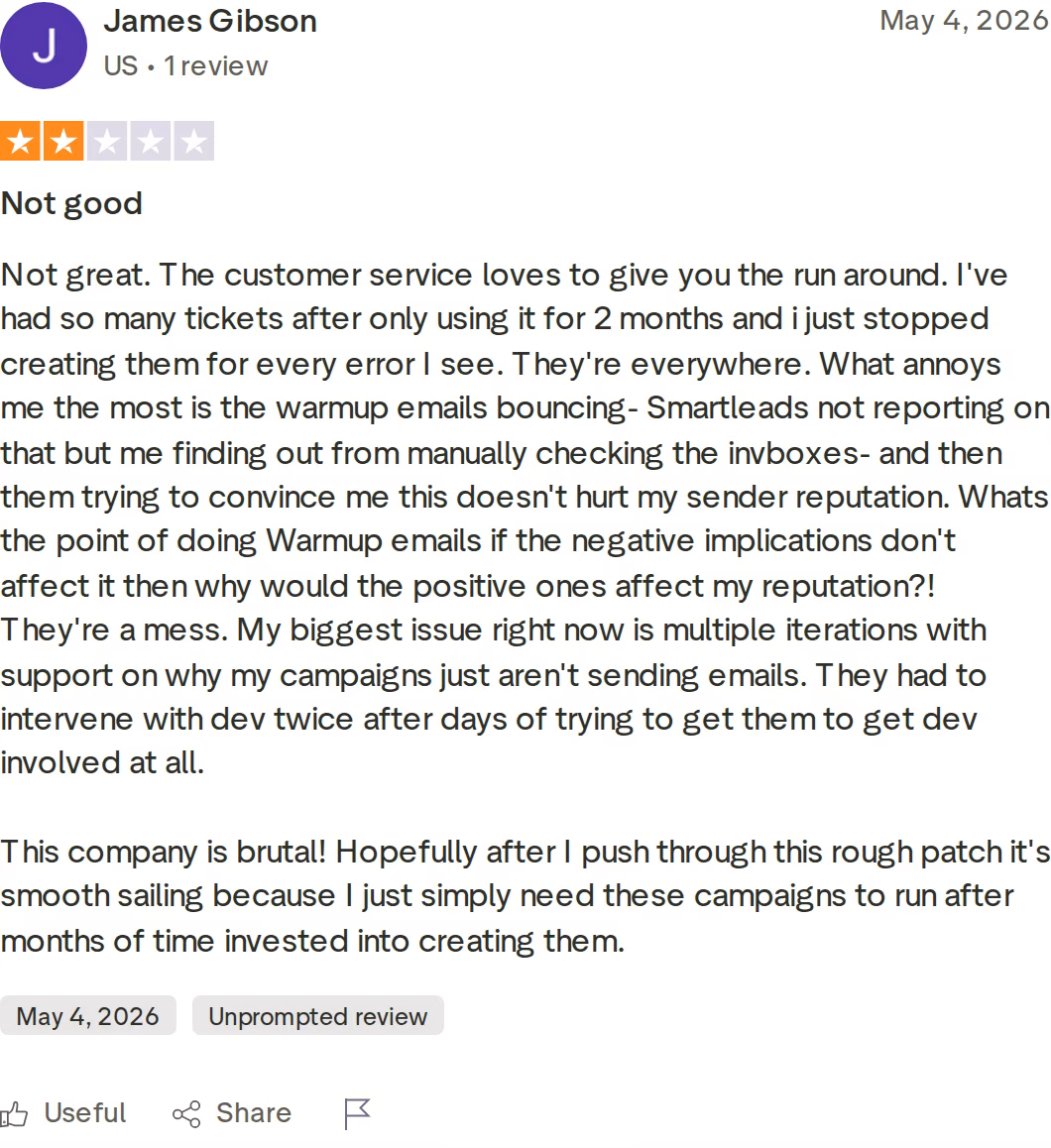 Two-star Smartlead Trustpilot review by James Gibson dated May 2026 describing support delays and warm-up emails bouncing