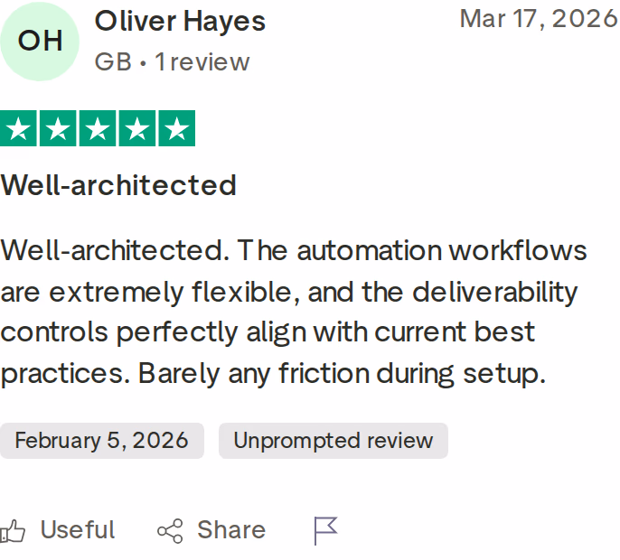 Five-star Trustpilot review of Salesforge praising flexible automation workflows and deliverability controls