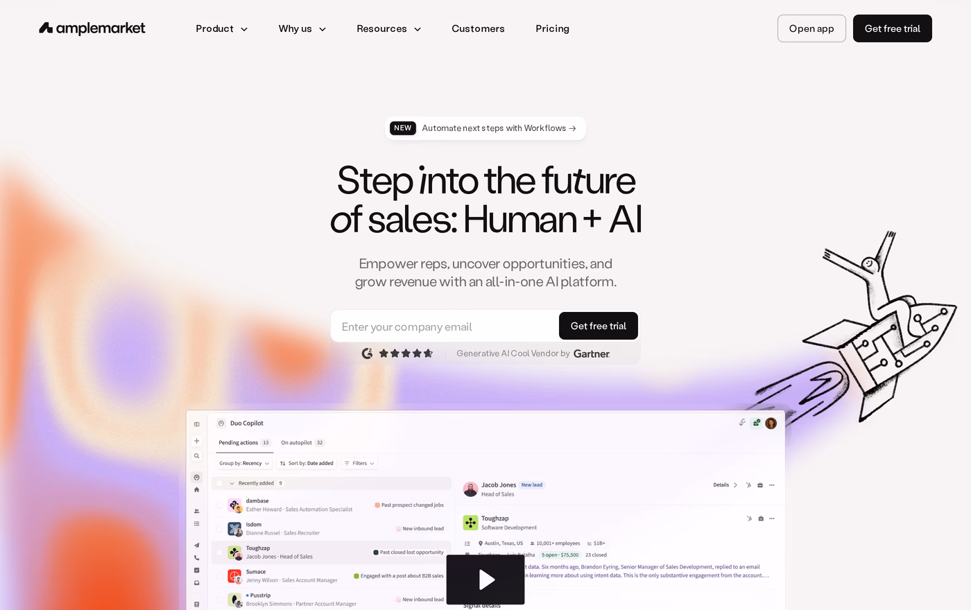 Amplemarket homepage hero showing the Human plus AI sales platform
