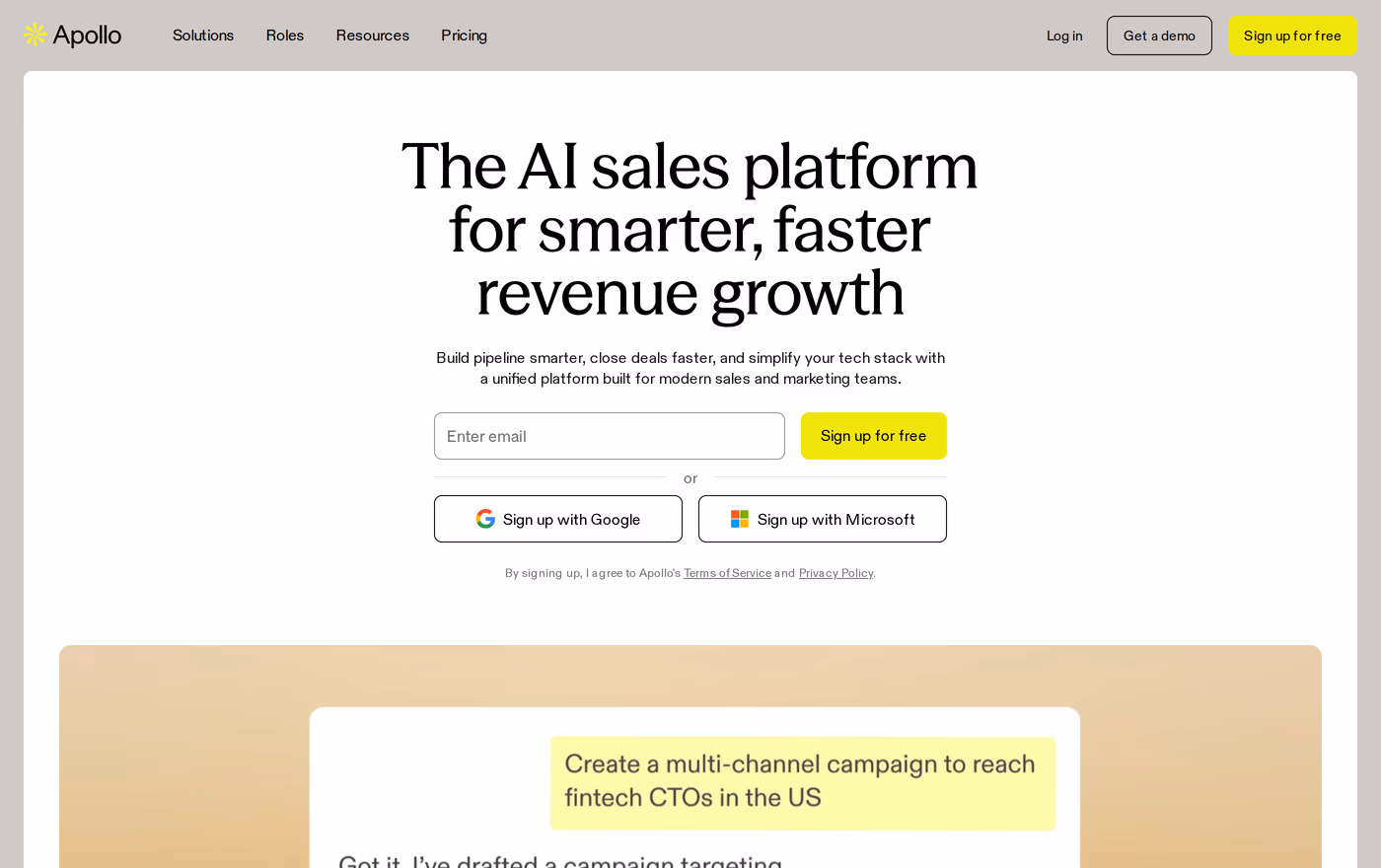 Apollo.io homepage hero describing an AI sales platform for revenue growth
