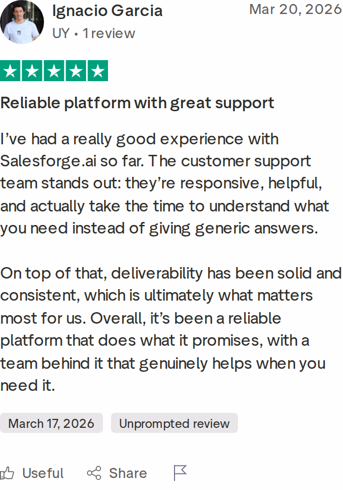 Five-star Trustpilot review of Salesforge praising support and consistent deliverability