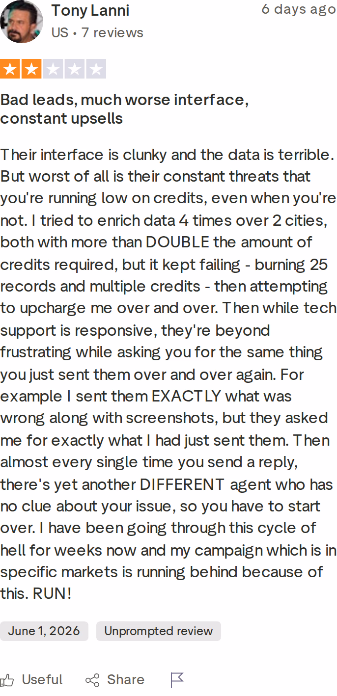 Two-star Trustpilot review of Apollo.io citing clunky interface, poor data, and constant credit upsells