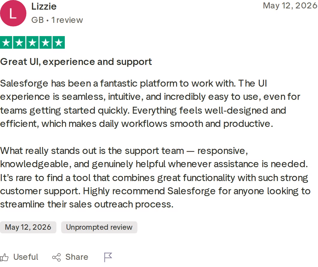 Five-star Trustpilot review of Salesforge by Lizzie, May 2026, praising the interface and support team