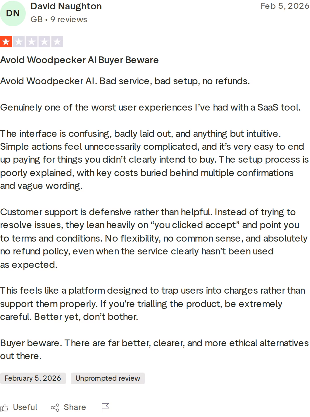 One-star Trustpilot review of Woodpecker by David Naughton, February 2026, citing confusing setup, buried costs, and no refunds