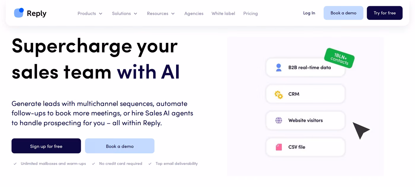 Reply.io homepage showing AI multichannel sales sequences and a 1 billion contact database