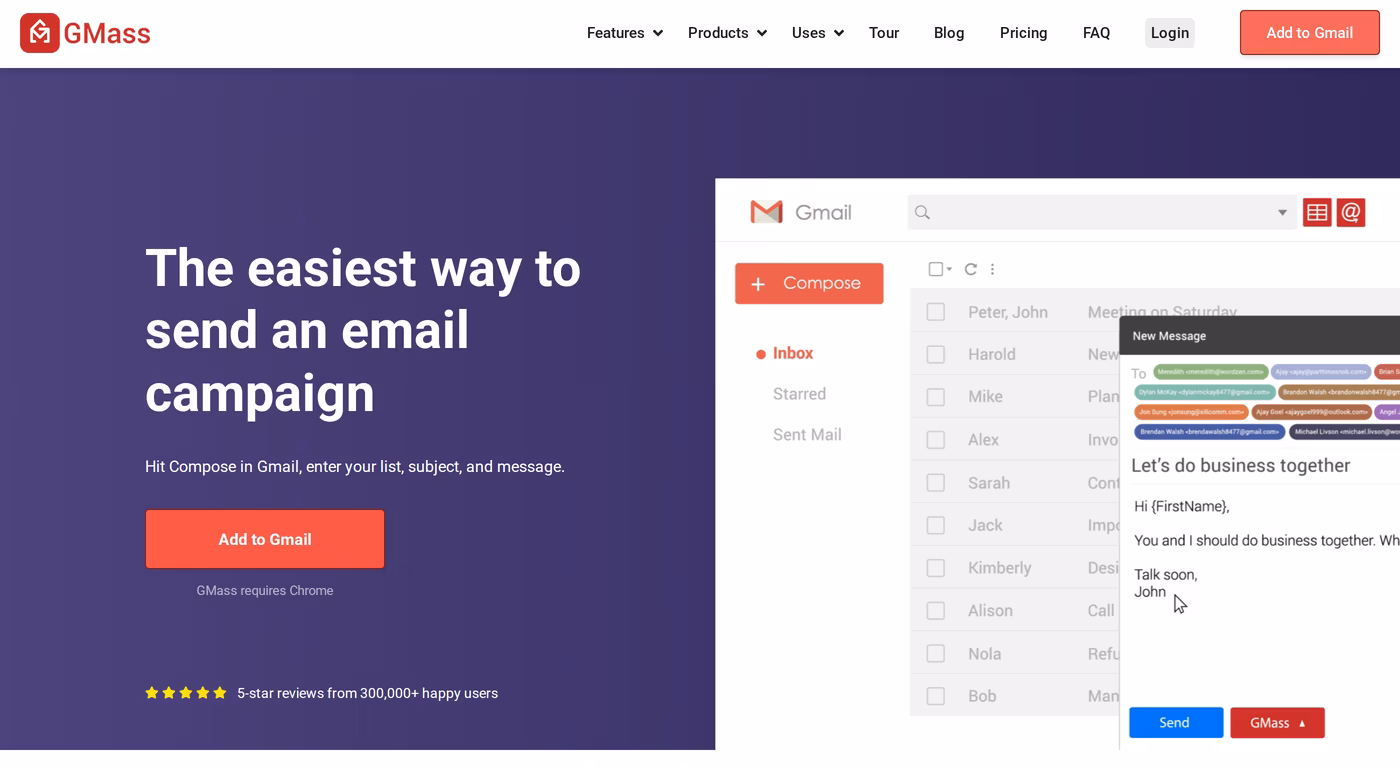 GMass homepage showing its Gmail-based mass email campaign tool