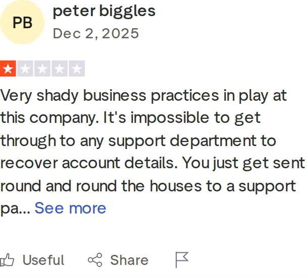 A one-star GMass Trustpilot review describing support and account-recovery problems