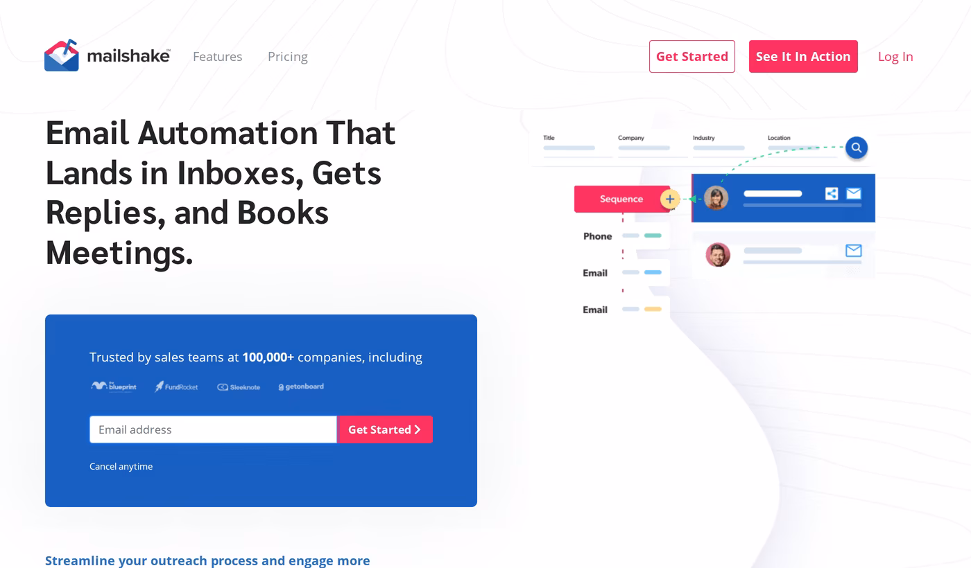 Mailshake homepage showing email, phone, and LinkedIn sequence automation