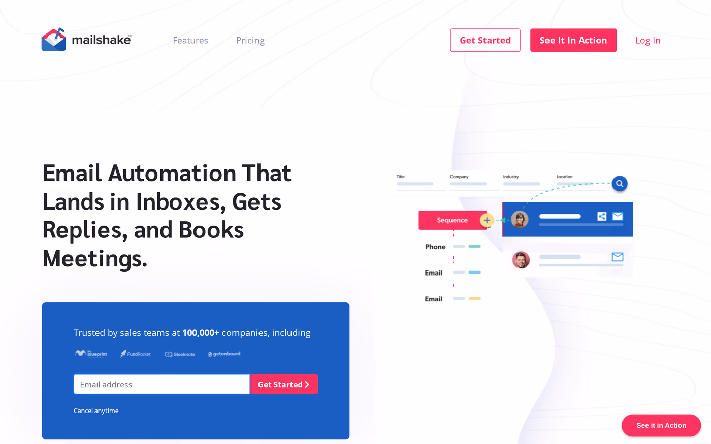 Mailshake homepage showing email automation with phone and email sequence steps