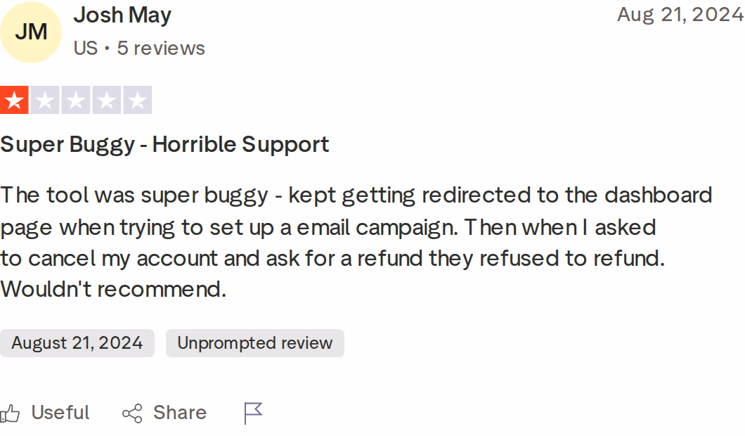 Mailshake 1-star Trustpilot review from Josh May (August 2024) citing a buggy campaign setup and a refused refund