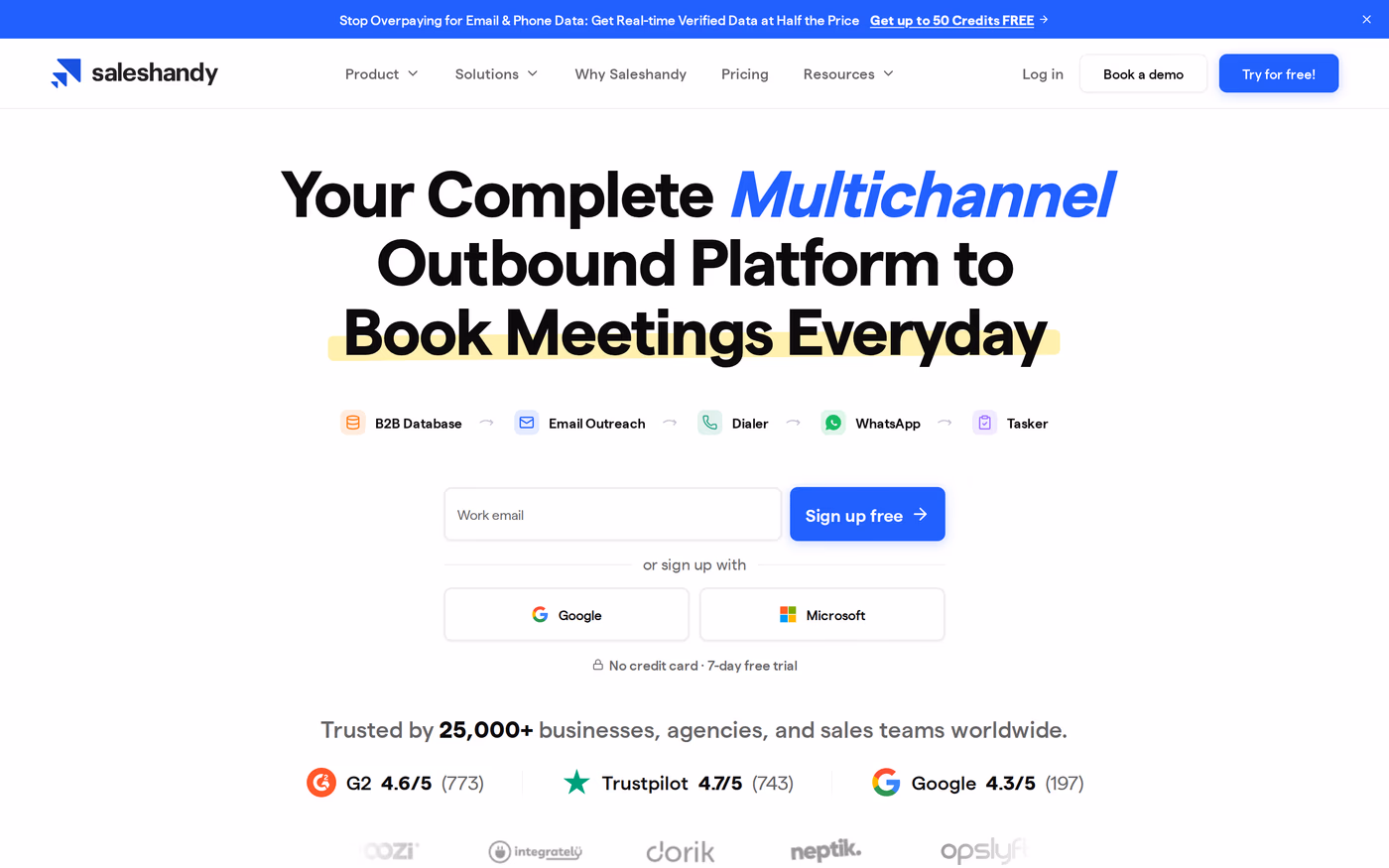 Saleshandy homepage showing its multichannel outbound platform with email, dialer, WhatsApp, and tasker