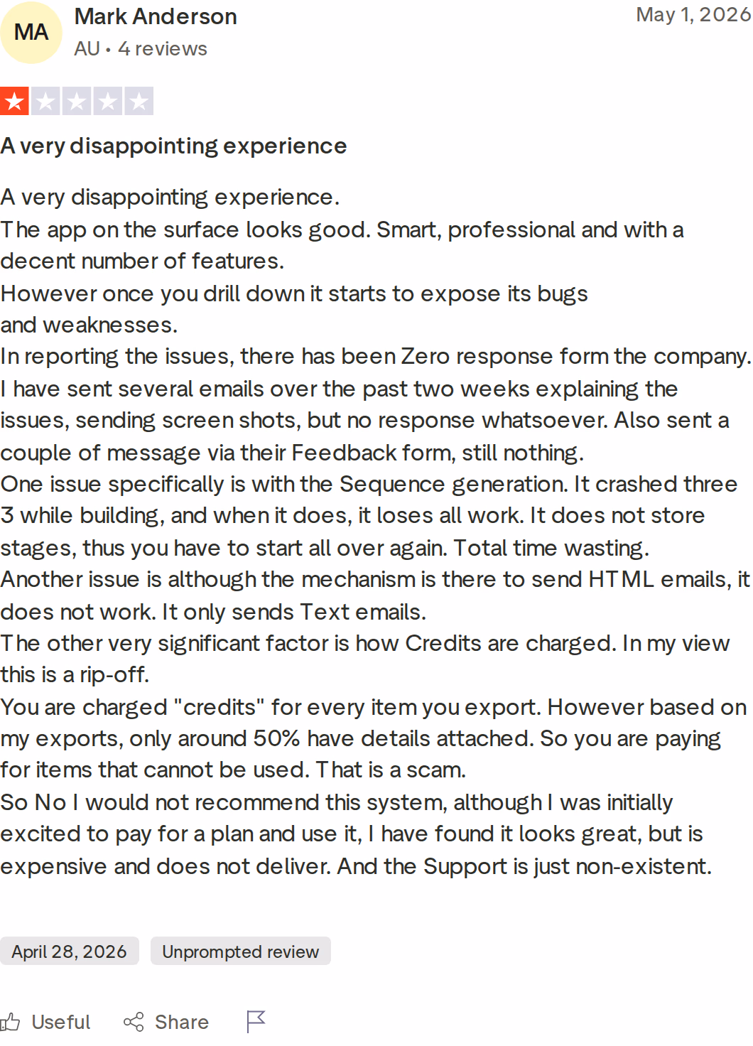Saleshandy 1-star Trustpilot review from Mark Anderson (May 2026) citing sequence crashes, HTML email failures, and no support response