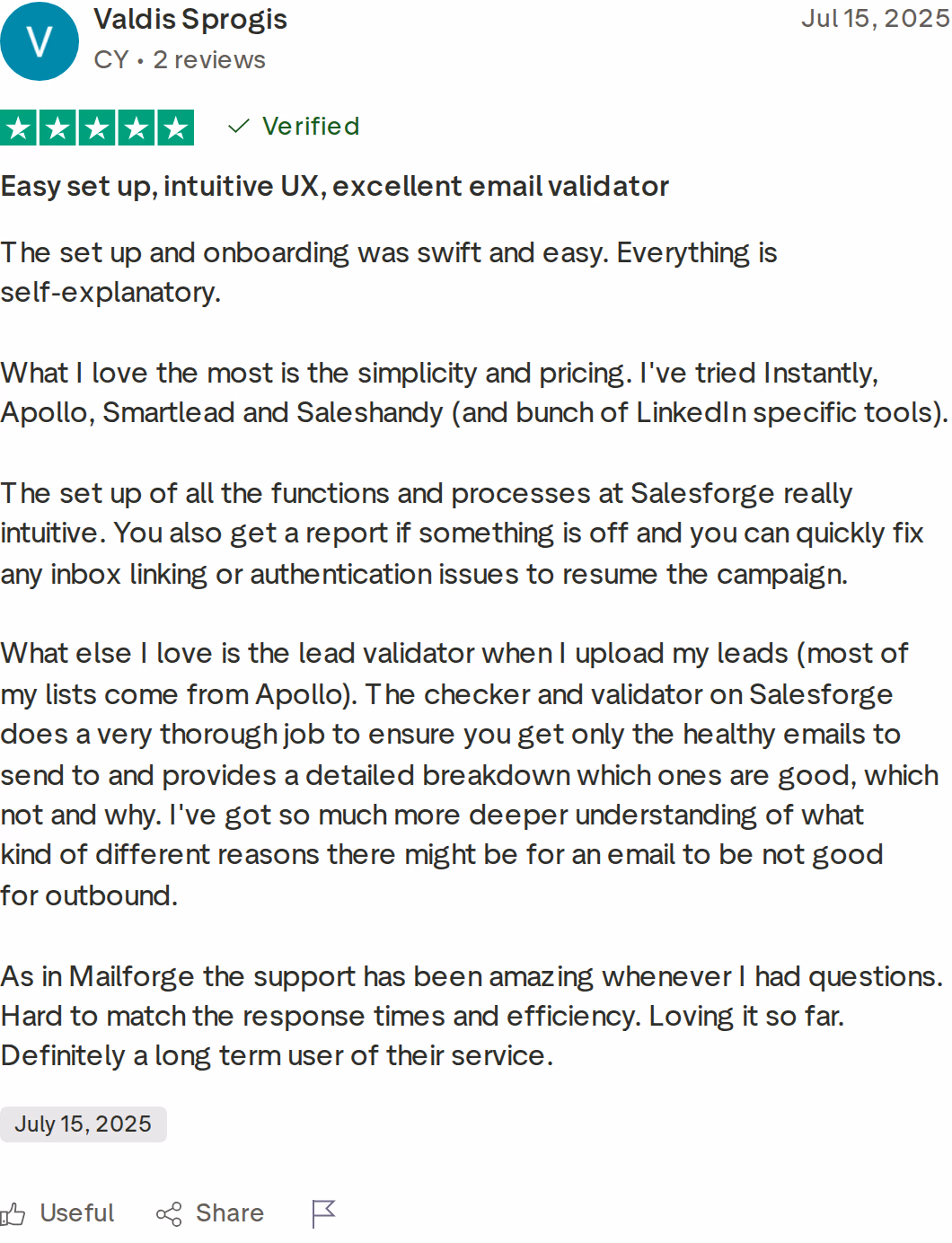 Salesforge 5-star Trustpilot review from Valdis Sprogis praising setup, the email validator, and support after trying Saleshandy, Instantly, Apollo, and Smartlead