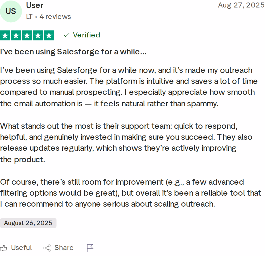 Salesforge 5-star Trustpilot review from a verified user praising the intuitive platform, natural-feeling email automation, and responsive support