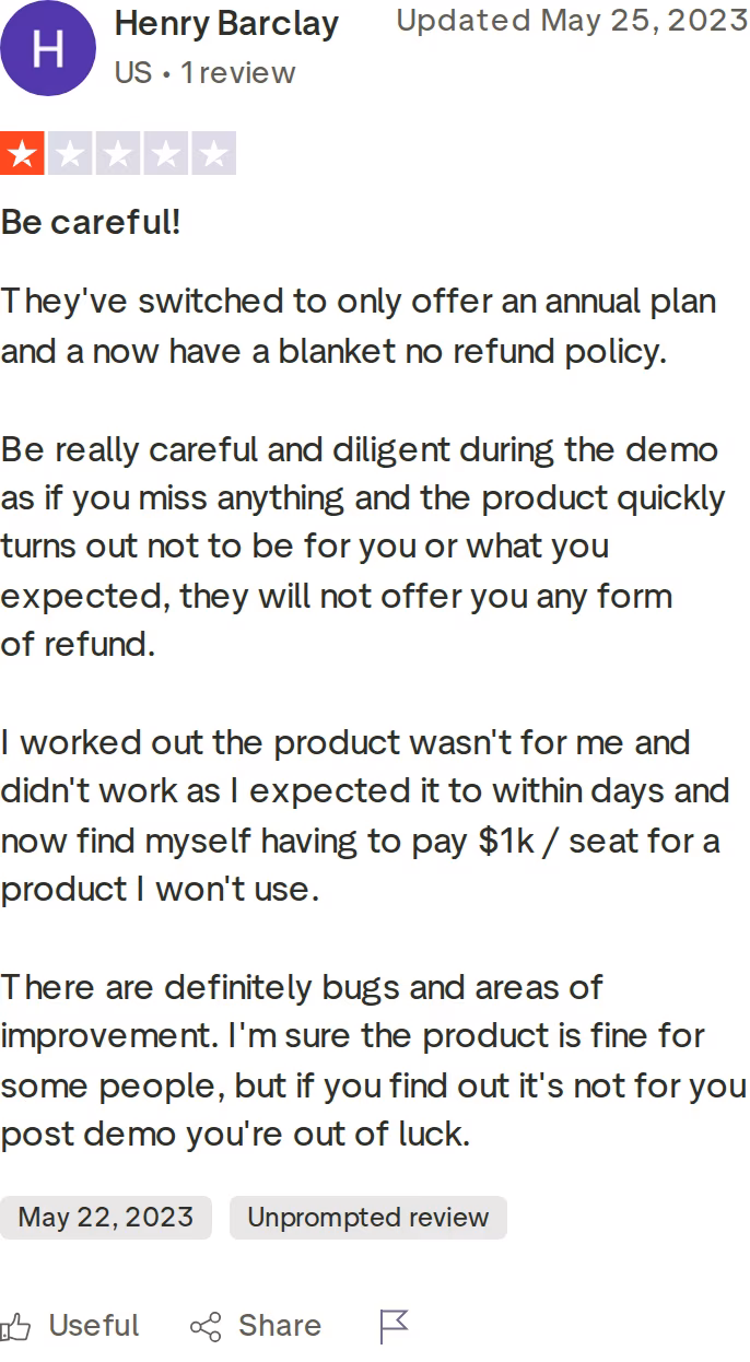 A one-star Mailshake Trustpilot review warning about annual-only billing and a no-refund policy