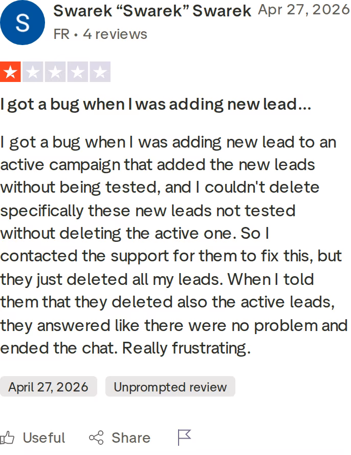 A one-star Smartlead Trustpilot review describing a lead-handling bug and unhelpful support