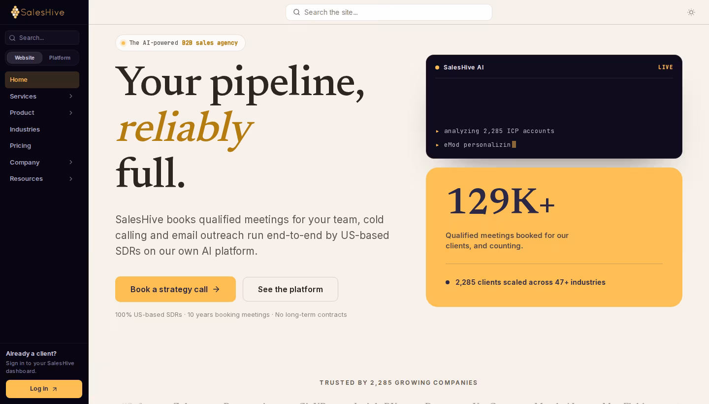 SalesHive homepage screenshot