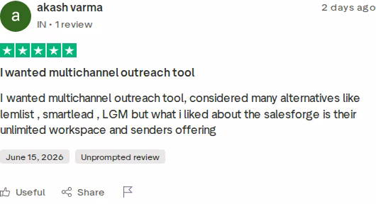 Five-star Trustpilot review by akash varma dated June 15, 2026, praising Salesforge for its unlimited workspaces and senders after wanting a multichannel tool
