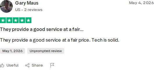 Five-star Trustpilot review by Gary Maus dated May 4, 2026, saying Salesforge provides a good service at a fair price and the tech is solid