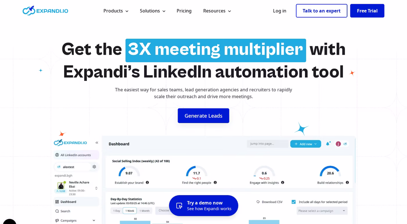 Expandi homepage headline about a 3X meeting multiplier with its LinkedIn automation tool