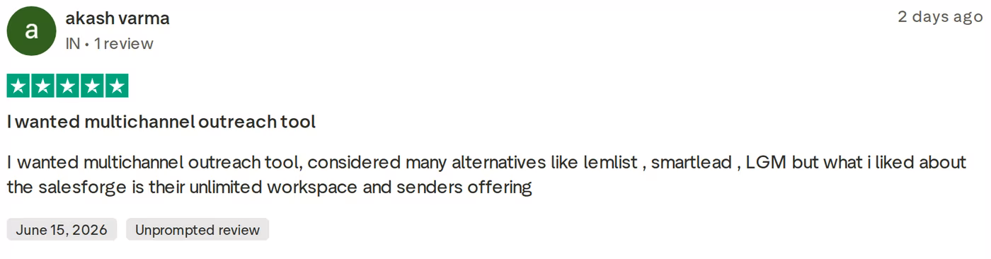 A five-star Trustpilot review of Salesforge praising unlimited workspaces and senders