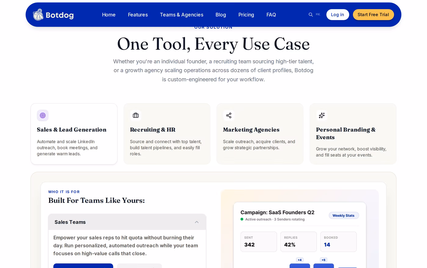 Botdog homepage showing its LinkedIn automation product