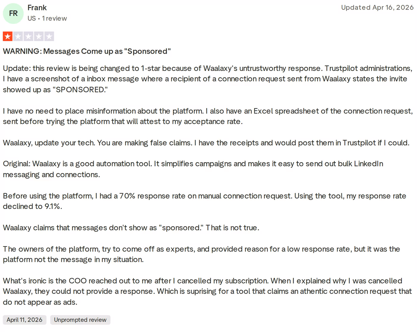 A one-star Trustpilot review of Waalaxy describing sponsored-labeled messages and a low response rate