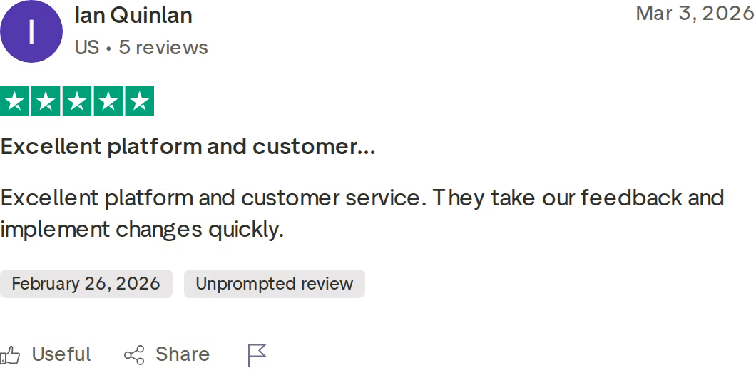Salesforge five-star Trustpilot review praising the platform and fast, responsive customer support