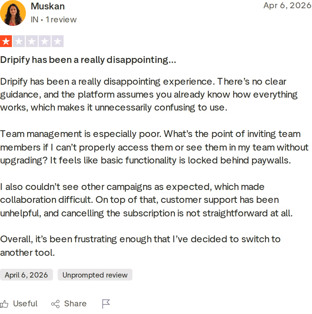 Dripify one-star Trustpilot review citing poor team management, features behind paywalls, and difficult cancellation