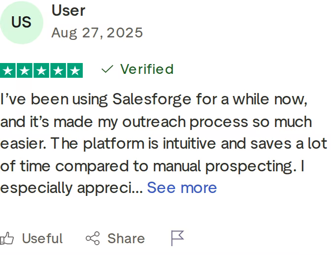 Verified 5-star Trustpilot review praising Salesforge as intuitive and time-saving