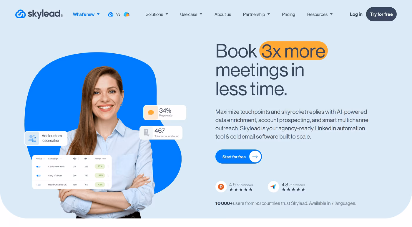 Skylead homepage hero showing Book 3x more meetings in less time