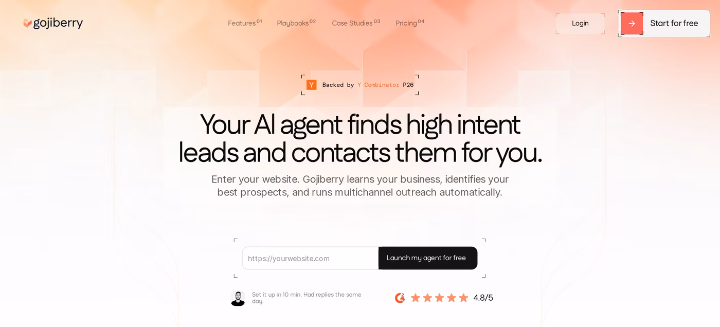 Gojiberry homepage showing its AI agent that finds high-intent leads and contacts them