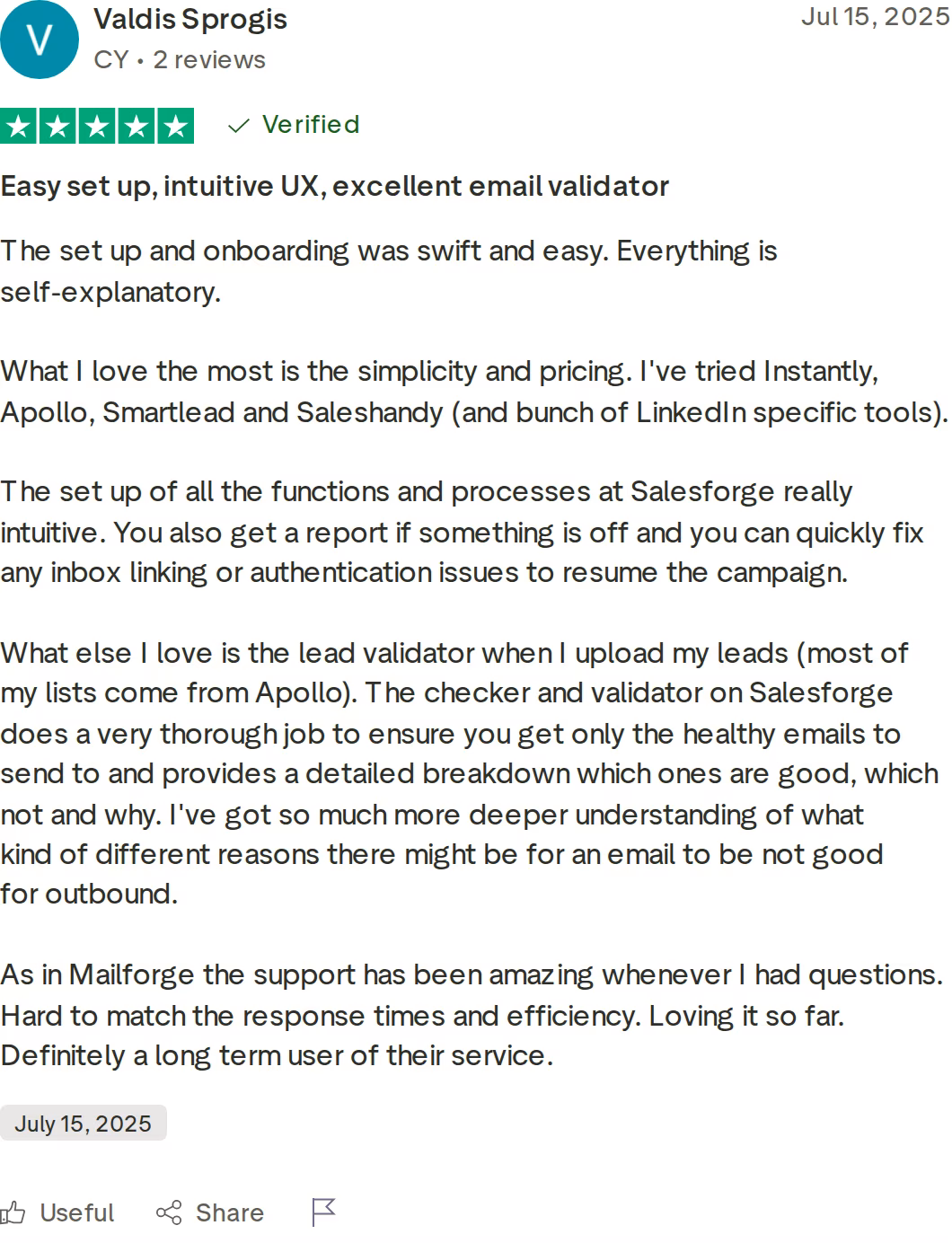 Verified five-star Trustpilot review of Salesforge by Valdis Sprogis, July 2025