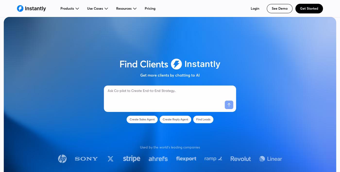 Instantly homepage: find clients by chatting to AI