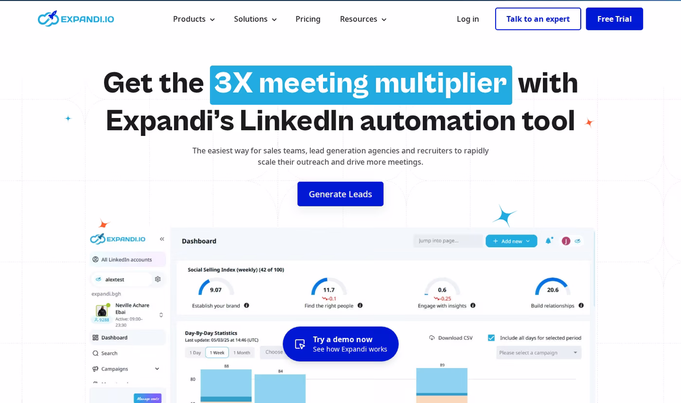 Expandi homepage headline about its LinkedIn automation tool and 3X meeting multiplier