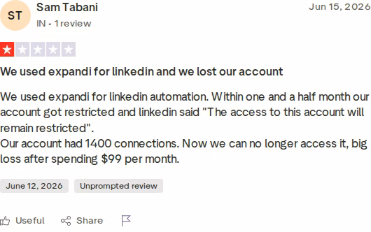 One-star Trustpilot review of Expandi describing a restricted LinkedIn account