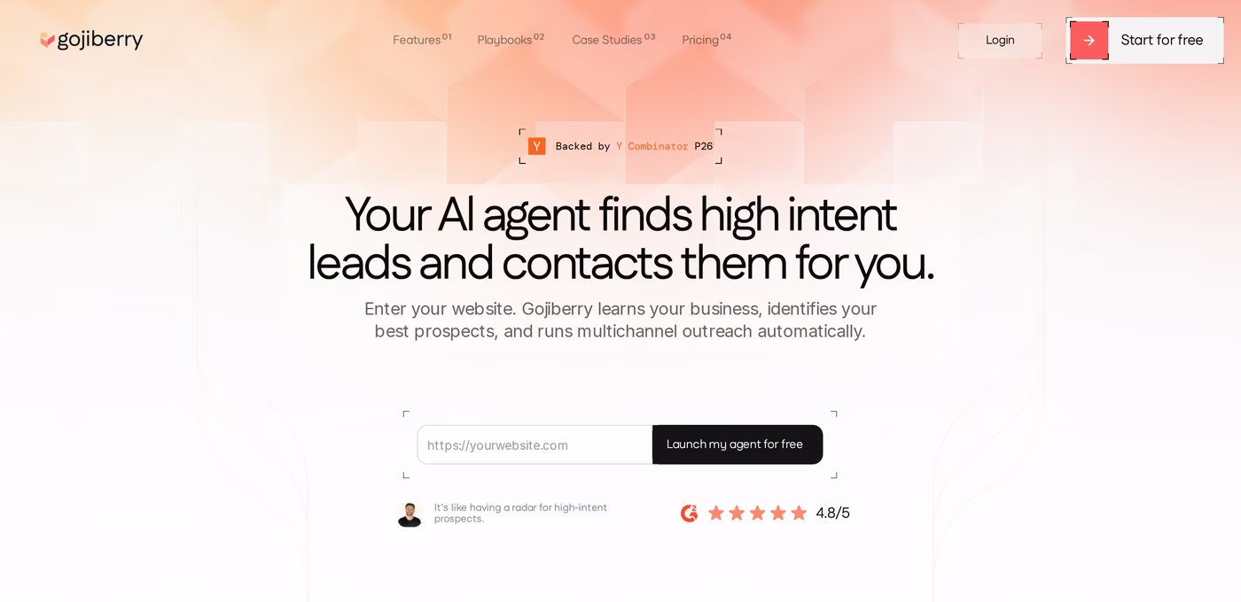Gojiberry homepage showing its AI sales agent for LinkedIn and email outreach