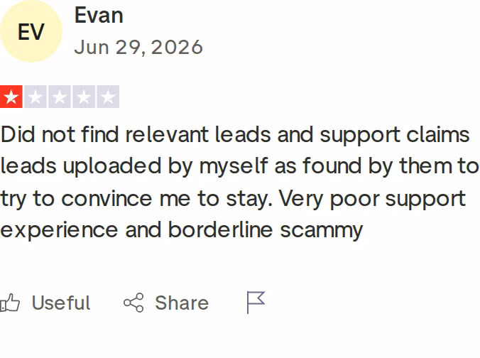 One-star Trustpilot review of Gojiberry by Evan dated June 29 2026 citing irrelevant leads