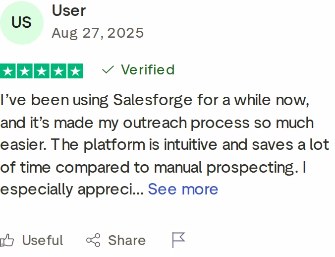 Five-star verified Trustpilot review of Salesforge praising an easier, more intuitive outreach process