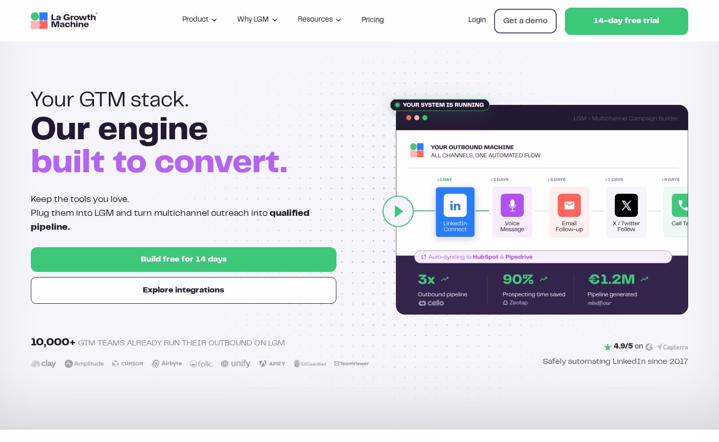La Growth Machine homepage showing a multichannel LinkedIn, email, and X sequence