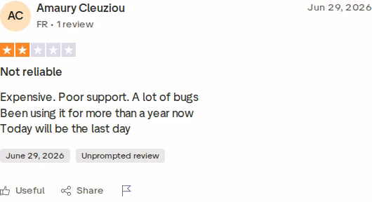 La Growth Machine 2-star Trustpilot review 'Not reliable' by Amaury Cleuziou, June 29, 2026